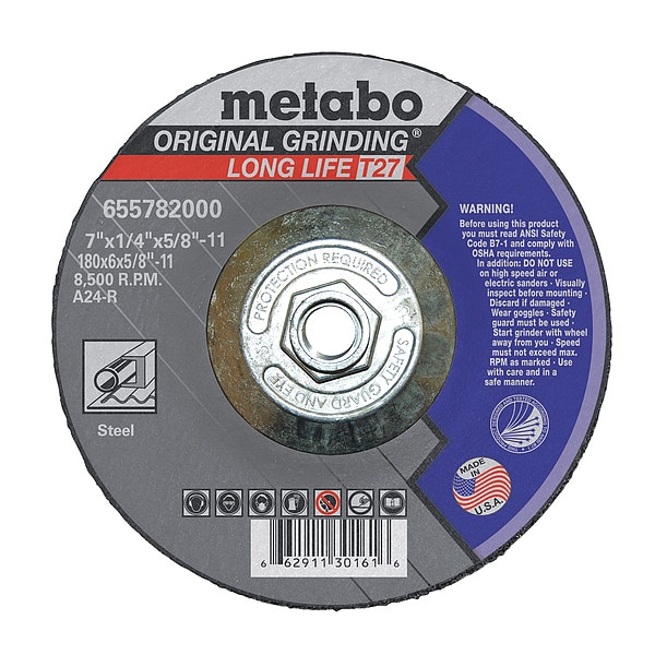 Rueda de esmerilado Metabo, T27, A24R, 7"X1/4"X5/8"-11 - 655782000