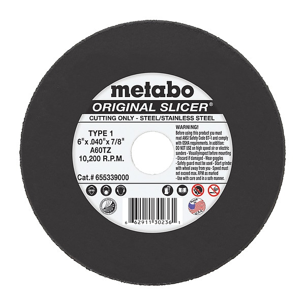Rueda de corte abrasiva Metabo: Tipo 1, 6 pulgadas x 0.04 pulgadas x 7/8 pulgadas, Óxido de aluminio, 60 granos, A60TZ - 655339000