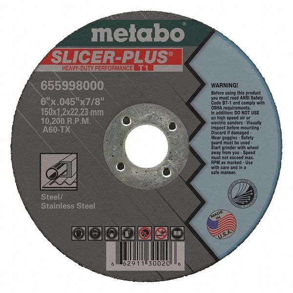 Rueda de corte abrasiva Metabo, Tipo 1, 6 pulgadas x 0.045 pulgadas x 7/8 pulgadas, Óxido de aluminio, 60 granos, A60TX - 655998000