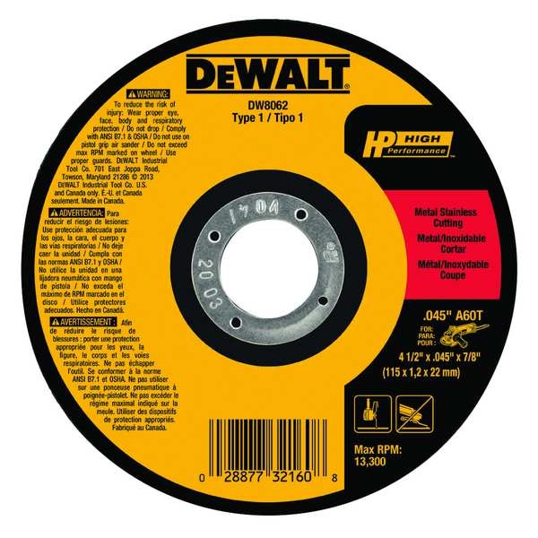 Rueda de corte abrasiva Dewalt, Tipo 1, 4 1/2 pulgadas x 0.045 pulgadas x 7/8 pulgadas, Óxido de aluminio, 60 granos, A60T - DW8062