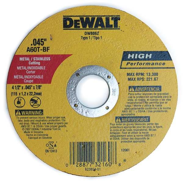 Rueda de corte abrasiva Dewalt, Tipo 1, 4 1/2 pulgadas x 0.045 pulgadas x 7/8 pulgadas, Óxido de aluminio, 60 granos, A60T - DW8062