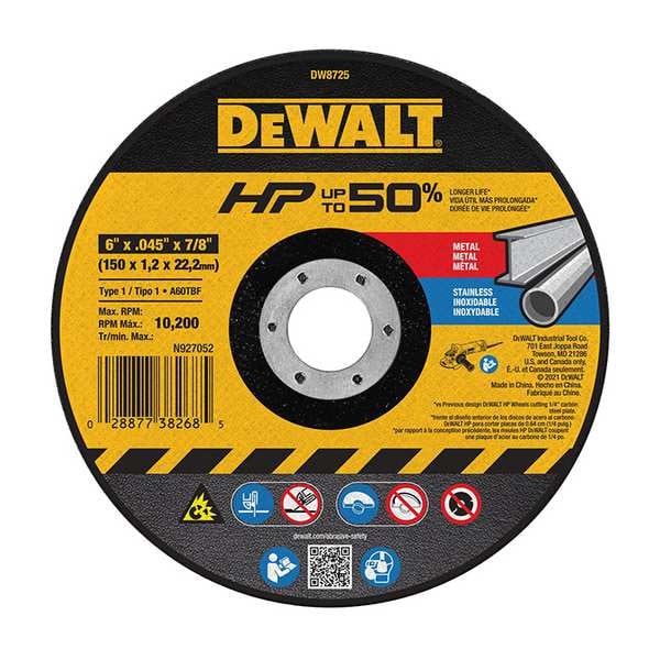 Rueda de corte abrasivo Dewalt, Tipo 1, 6 pulgadas x 0.045 pulgadas x 7/8 pulgadas, Óxido de aluminio, 60 granos, A60T - DW8725