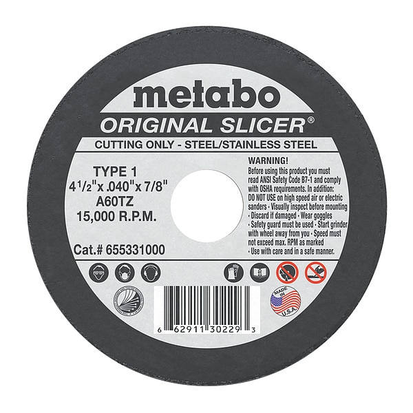Rueda de corte abrasiva Metabo, Tipo 1, 4 1/2 pulgadas x 0.04 pulgadas x 7/8 pulgadas, Óxido de Aluminio, 60 granos, A60TZ - 655331000