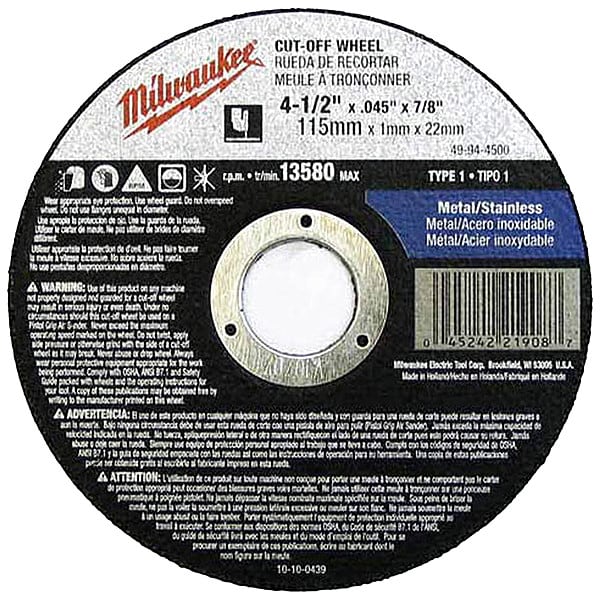 Rueda de corte Milwaukee Tool de 4-1/2" x .045" x 7/8" (Tipo 1) - 49-94-4500