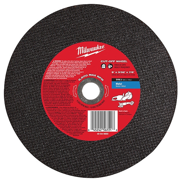 Disco de corte abrasivo para metal tipo 1 de Milwaukee Tool de 9 pulgadas x 3/32 pulgadas x 7/8 pulgadas - 49-94-9000.