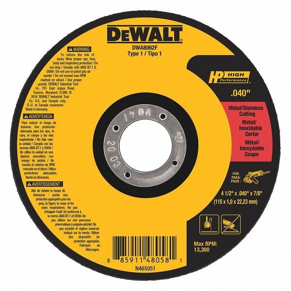 Rueda de corte abrasivo Dewalt, Tipo 1, 4 1/2 pulgadas x 0.04 pulgadas x 7/8 pulgadas, Óxido de aluminio, 60 granos, A60T - DWA8062F