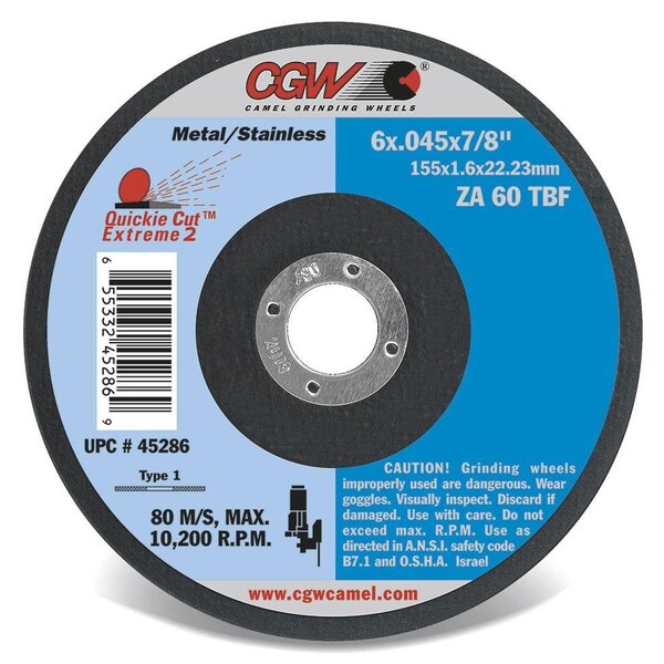 Rueda de corte rápido Cgw Abrasives Super Quickie de centro deprimido delgada y plana, 6 pulgadas de diámetro x 0.045 pulgadas de grosor, grano 60, óxido de aluminio - 45153