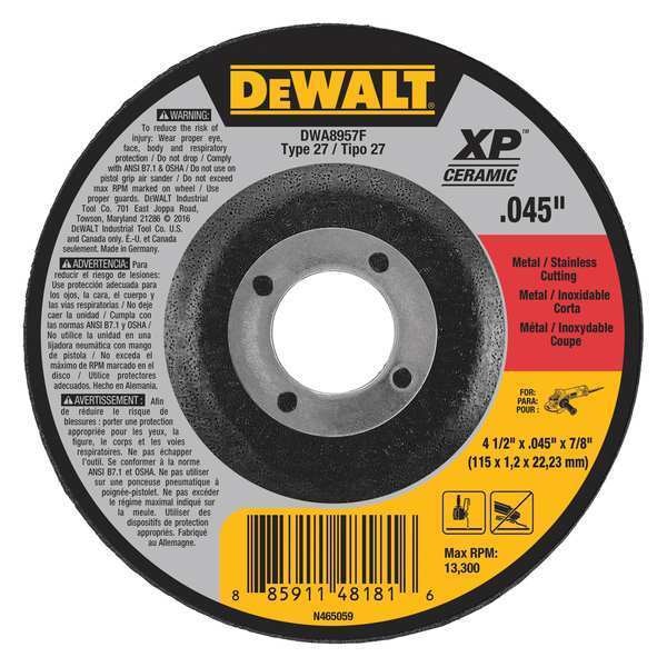 Dewalt 4-1/2 X .045" X 7/8" Rueda de corte de metal/acero inoxidable tipo 27 - DWA8957F