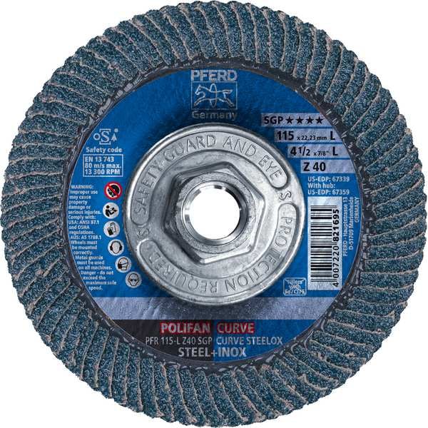 Disco de láminas POLIFAN® Pferd 4-1/2" x 5/8-11 Thd. - Z SGP CURVE STEELOX, Zirconia, 40 Granos, Radio Grande - 67359