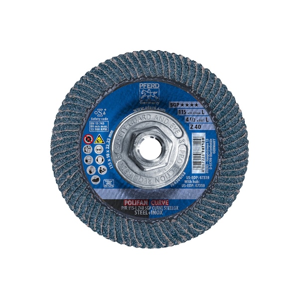 Disco de láminas POLIFAN® Pferd 4-1/2" x 5/8-11 Thd. - Z SGP CURVE STEELOX, Zirconia, 40 Granos, Radio Grande - 67359