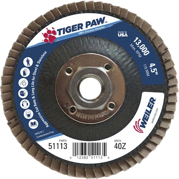 Weiler 4-1/2" Disco de Láminas Abrasivas Tiger Paw, Plano (TY27), 40Z, 5/8"-11 UNC - 51113