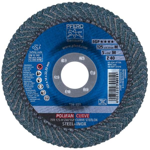 Disco de láminas POLIFAN® 5" x 7/8" A.H. - Z SGP CURVE STEELOX, Zirconia, 40 Granos, Radio Medio - 67196.
