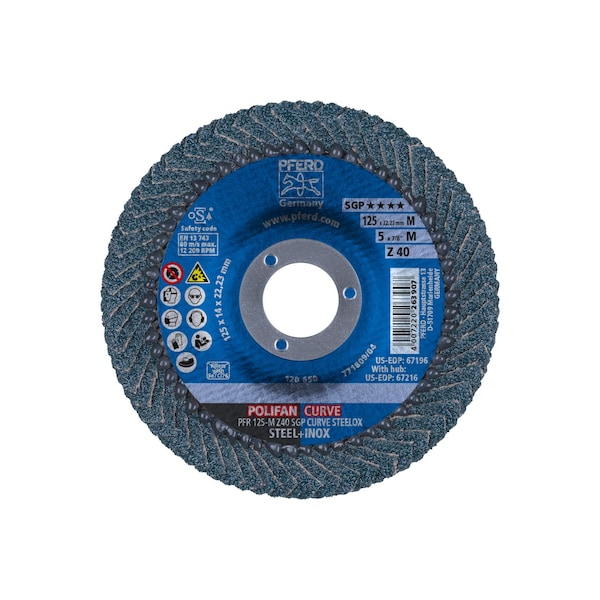 Disco de láminas POLIFAN® 5" x 7/8" A.H. - Z SGP CURVE STEELOX, Zirconia, 40 Granos, Radio Medio - 67196.