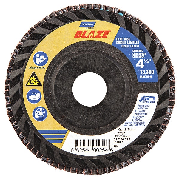 Disco de Aletas Norton Abrasives, 4 1/2 pulgadas x 60 granos, 7/8, Serie: SG Blaze(R) - 66254400254