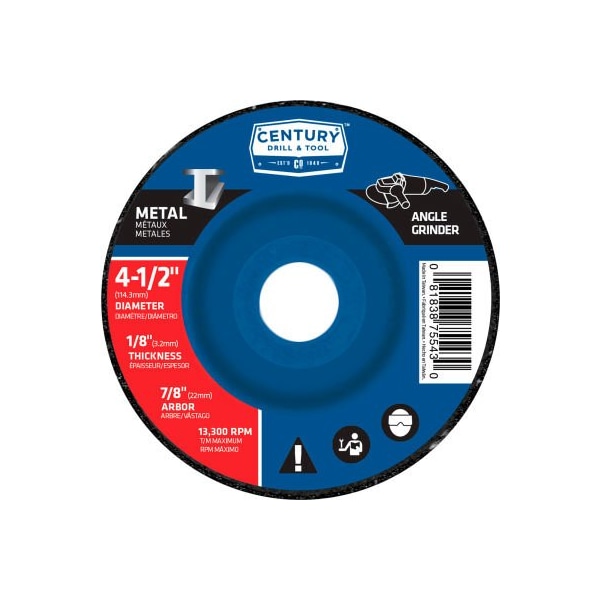Muela de desbaste de centro deprimido Century Drill & Tool de 4-1/2" x 7/8" Tipo 27 de óxido de aluminio - 75543