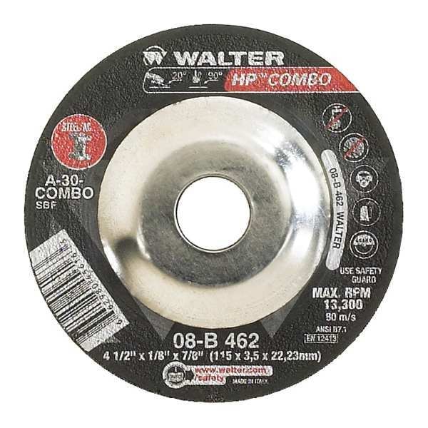 Walter Surface Technologies Rueda de desbaste de centro deprimido, Tipo 27, 0.125 pulgadas de grosor, Óxido de aluminio - 08B462