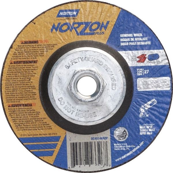 Norton Abrasives Depressed Center Wheels, Tipo 27, 6 pulgadas de diámetro, 0.125 pulgadas de grosor, tamaño de orificio del eje de 5/8"-11, Cerámica - 66252841891