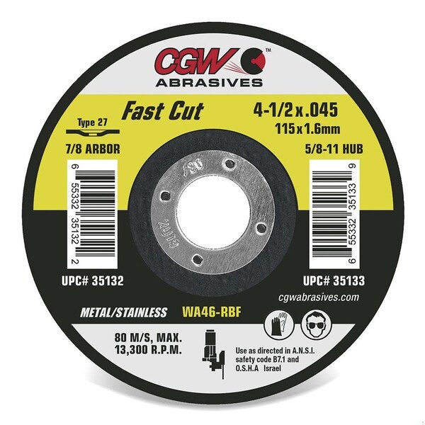 Rueda de centro deprimido delgada de corte rápido Cgw Abrasives Quickie Cut, 6 pulgadas de diámetro x 0.045 pulgadas de grosor, agujero central de 7/8 pulgadas, 46 Gr - 35134