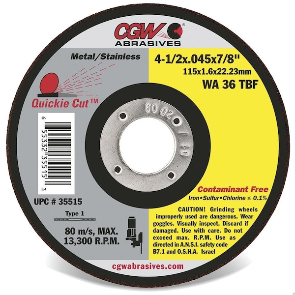 Rueda plana delgada de centro deprimido Cgw Abrasives, 6 pulgadas de diámetro x 0.045 pulgadas de grosor, agujero central de 7/8 pulgadas, 60 granos, Aluminio blanco - 45017.