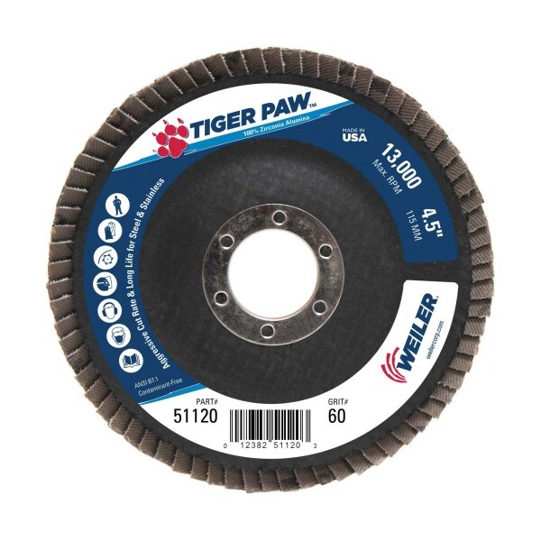 Weiler 4-1/2" Tiger Paw Disco de Aletas Abrasivas, Angulado (TY29), 60Z, 7/8" - 51120