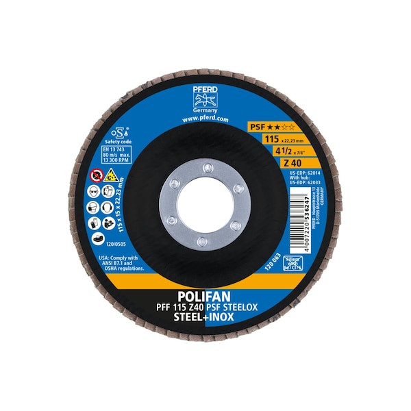 Disco de láminas POLIFAN® Pferd 4-1/2" x 7/8" A.H. - Z PSF STEELOX, Zirconia, 40 Granos, Plano - 62014