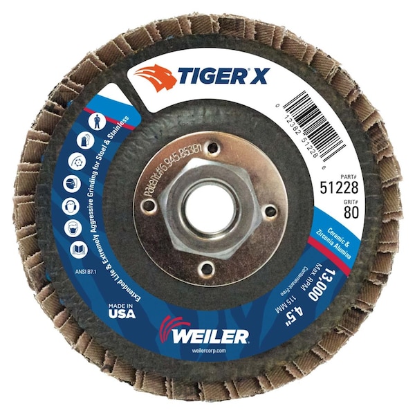 Disco de láminas Weiler 4-1/2" Tiger X, plano (TY27), respaldo fenólico, 80Z, 5/8-11" - 51228
