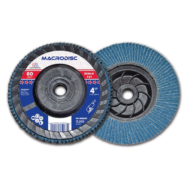 Disco de láminas de óxido de circonio de alta densidad con concentrador de plástico - F-4590807HT de Continental Abrasives de 4-1/2" x 5/8-11" y grano 80, tipo T27.