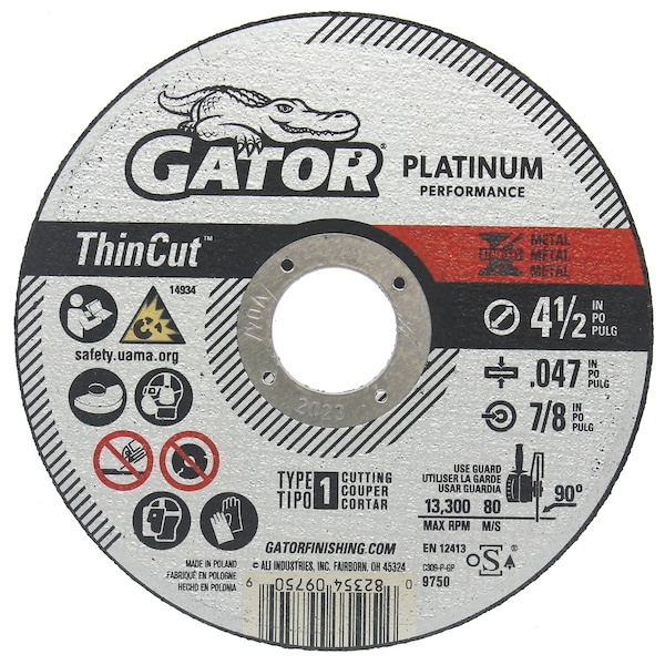 Gator Finishing Platinum Performance ThinCut Type 1 Metal Cut-Off Wheels, 4.5" x .047" x 7/8", 10 Count - 975010

Ruedas de corte metálico delgadas de alto rendimiento Gator Finishing Platinum ThinCut Type 1, 4.5" x .047" x 7/8", paquete de 10 - 975010