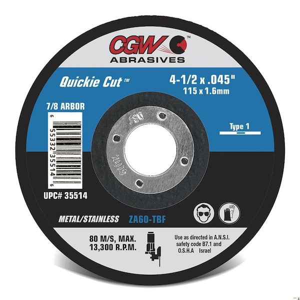Cgw Abrasivos Quickie Cut Quickie Cut Straight Rigid Cut-Off Wheel, 5 pulgadas de diámetro x 0.04 pulgadas de grosor, agujero central de 7/8 pulgadas, 60 - 45011.