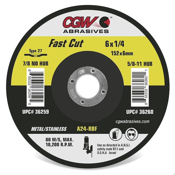 Rueda de centro deprimido, de corte rápido y abrasivo de óxido de aluminio de Cgw Abrasives, 9 pulgadas de diámetro x 1/4 pulgada de grosor, 24 granos - 35657