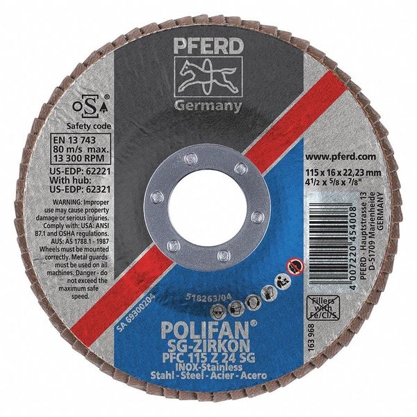 Disco de láminas Pferd, 24 Grit, T29, 4-1/2"x7/8" - 62221