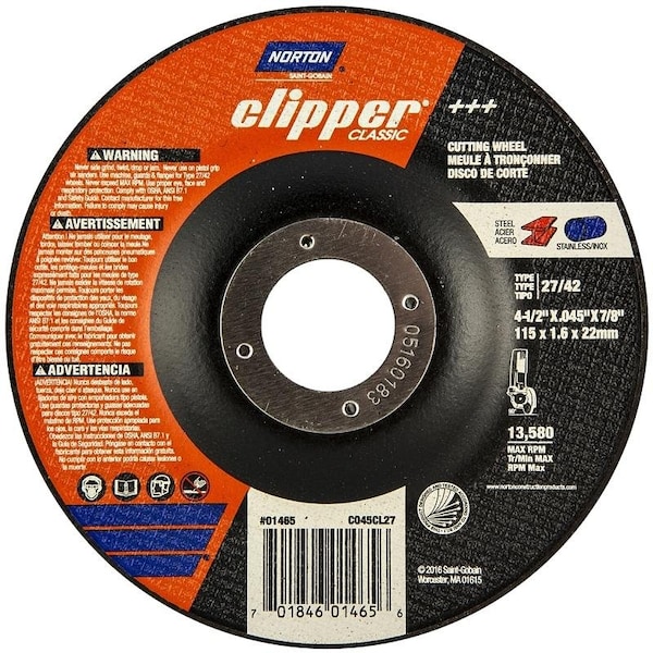 Rueda de corte de la serie AO Classic de Norton Clipper, 4-1/2 pulgadas de diámetro, 0.045 pulgadas de grosor, 7/8 pulgadas de arbor.