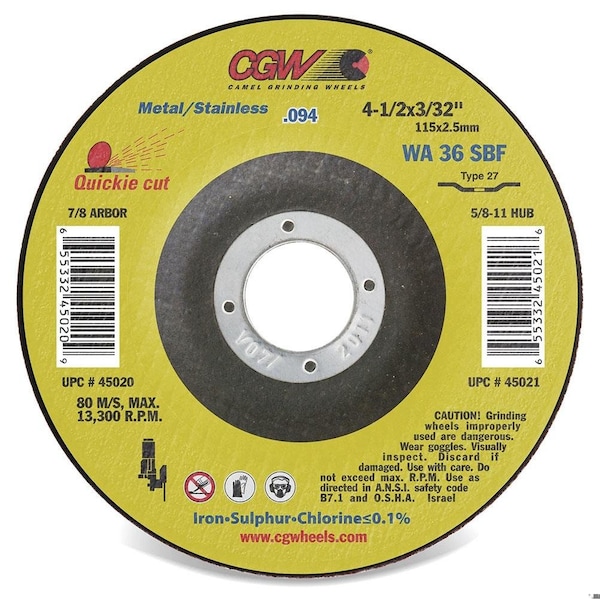 Disco de corte delgado de 4-1/2 pulgadas x 3/32 pulgadas, grano 36, abrasivo de óxido de aluminio blanco - 45021