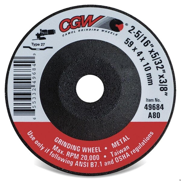 Rueda mini de centro deprimido Cgw Abrasivos, 2-5/16 pulgadas de diámetro x 5/32 pulgadas de grosor, agujero central de 3/8 pulgadas, grano 80, óxido de aluminio - 49684