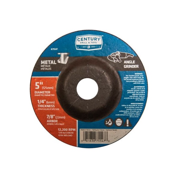 Rueda abrasiva de centro deprimido Century Drill & Tool de 5" x 7/8" tipo 27 de óxido de aluminio - 75547