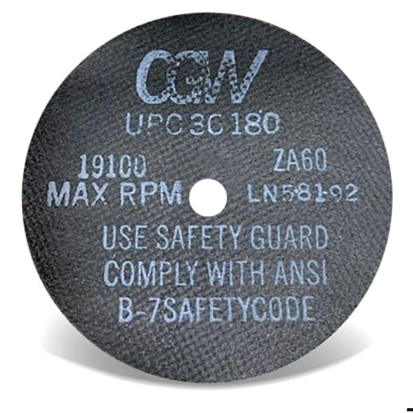 Rueda de corte recto premium de abrasivos Cgw, 3 pulgadas de diámetro x 1/32 pulgadas de grosor, agujero central de 1/4 pulgadas, 36 granos, alúmina de circonio - 36175.