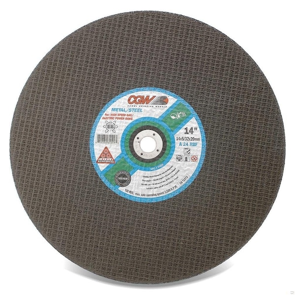 Rueda de corte recto de alta velocidad Cgw Abrasivos, 14 pulgadas de diámetro x 5/32 pulgadas de grosor, agujero central de 20 mm, 24 granos, óxido de aluminio - 36113