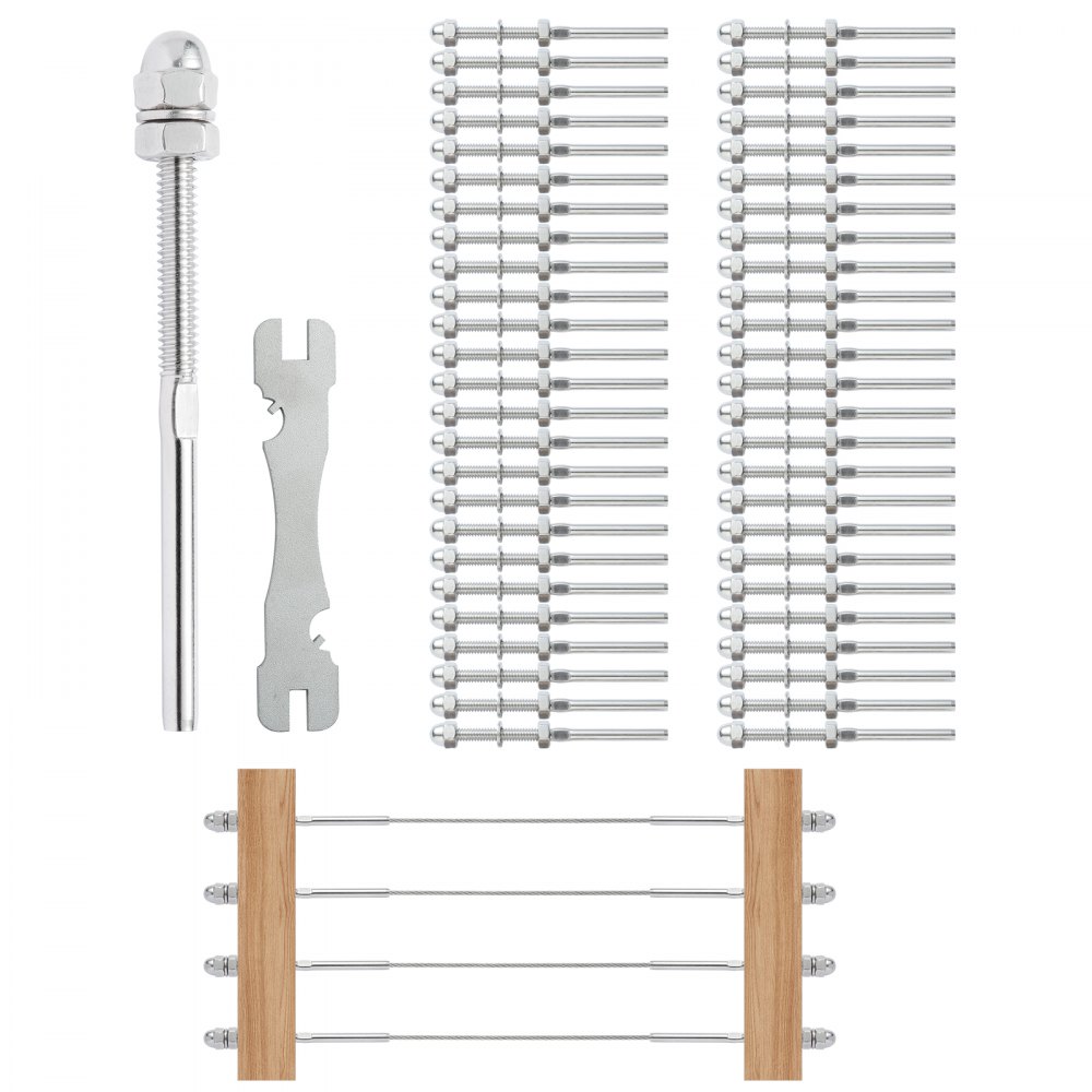 VEVOR 61 Pack Cable Railing Swage Threaded Stud Tension End Fitting Terminal for 1/8" Deck Cable Railing, T316 Stainless Steel, Cable Railing Tensioner 1/8" for Wood/Metal Post, Silver - LZZJQ61JYS18OFND4V0