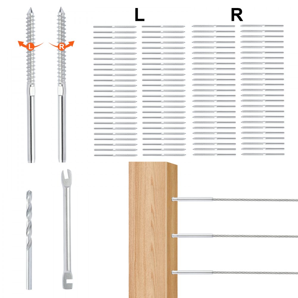 VEVOR 122 Pack Cable Railing Swage Threaded Stud Tension End Fitting Terminal for 1/8" Deck Cable Railing, T316 Stainless Steel, Cable Railing Tensioner 1/8" for Wood/Metal Post, Silver - LWLLLDYS122J2YX29V0