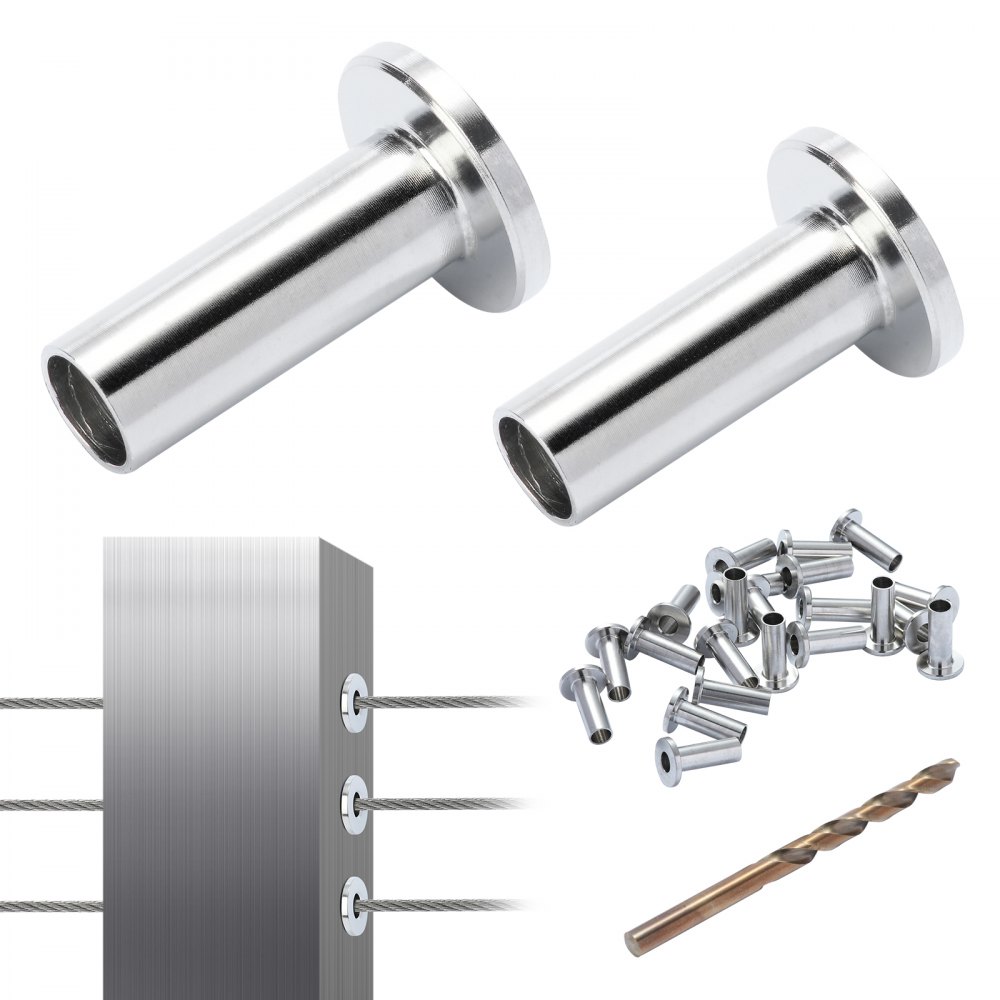 VEVOR 121 Pack T316 Stainless Steel Protector Sleeves for 5/32" 3/16" Wire Rope Cable Railing, DIY Balustrade T316 Marine Grade, Come with A Free Drill Bit, Silver - BXGBHTYS121JABYP2V0