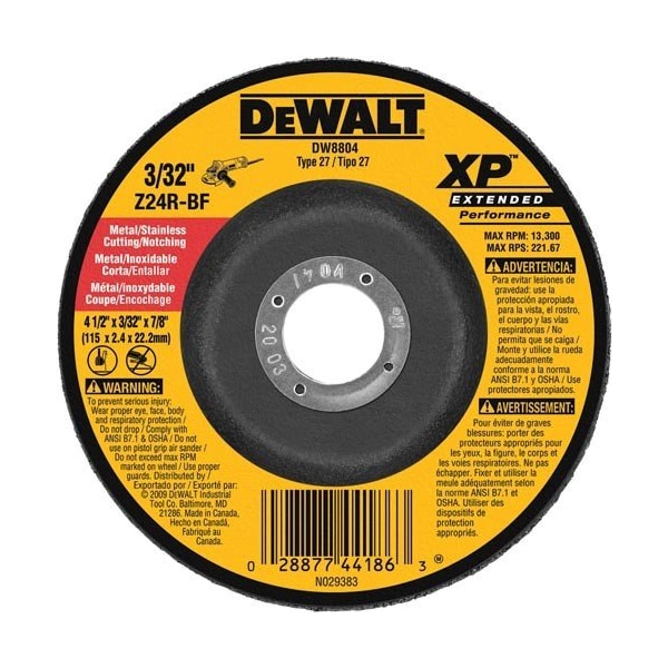 Abrasivo Unido Dewalt, 4-1/2 pulgadas x 3/32 pulgadas x 7/8 pulgadas, Abrasivo de Zirconia - DW8804