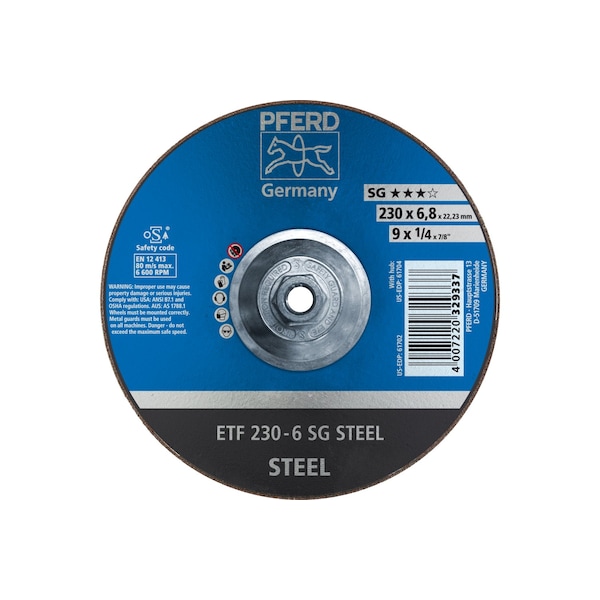 Rueda de esmerilado Pferd de 9 "x 1/4, 5/8-11 Thd. - ACERO SG - Tipo 28 - 61704