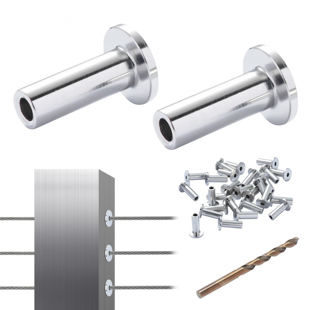 VEVOR 121 Pack T316 Stainless Steel Protector Sleeves for 1/8" Wire Rope Cable Railing, DIY Balustrade T316 Marine Grade, Come with A Free Drill Bit, Silver - BXGBHTYS121JM10KIV0