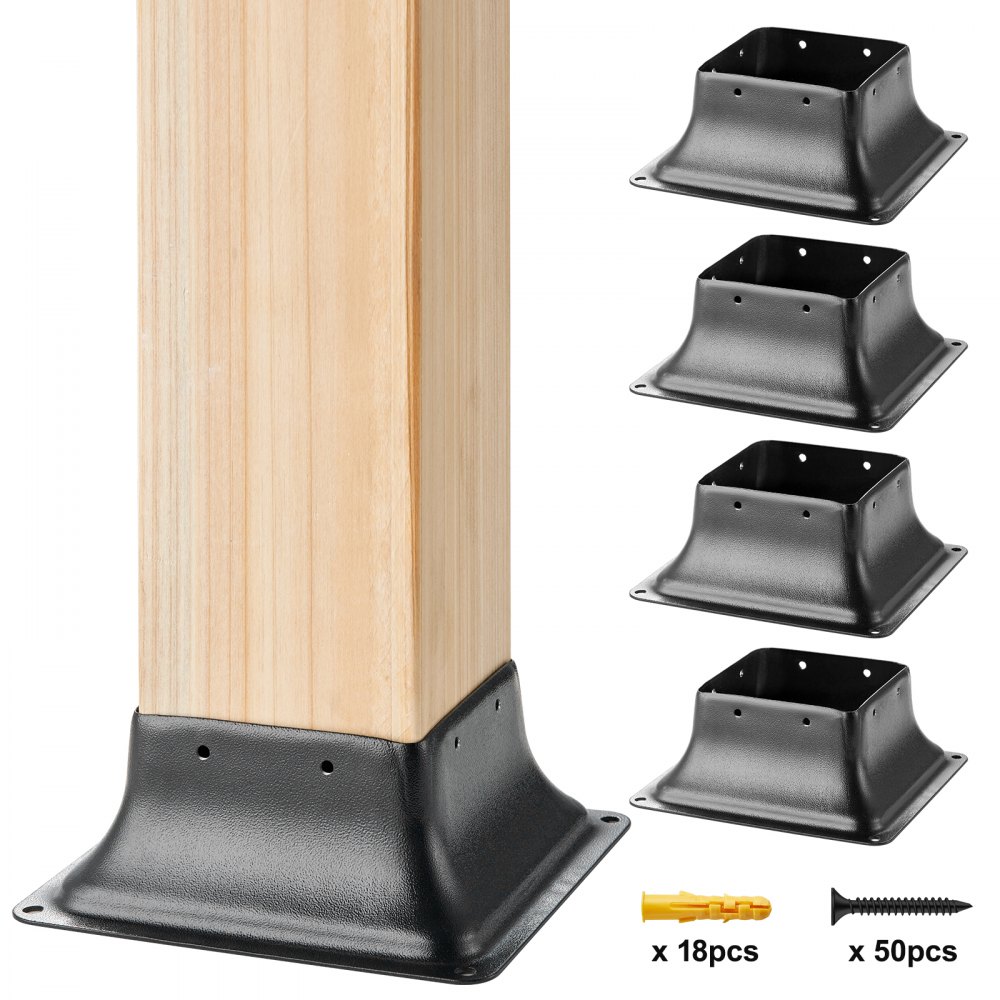VEVOR 4x4 Post Base 4Pcs, Internal 3.6"x3.6" Heavy Duty Powder-Coated Steel Post Bracket Fit for Standard Wood Post Anchor, Decking Post Base for Deck Porch Handrail Railing Support - TTLZDZTG44YCEY3ENV0