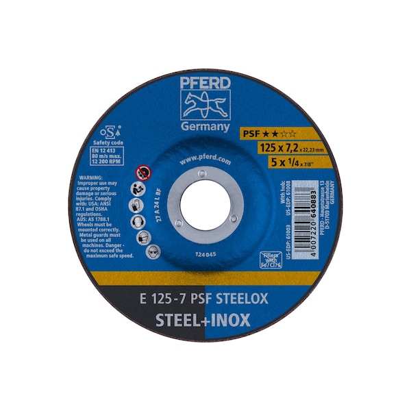 Muela de esmerilado Pferd de 5" x 1/4, 7/8" A.H. - PSF STEELOX - Tipo 27 - 61003