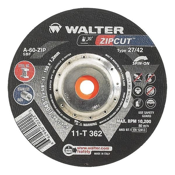 Rueda de corte de centro deprimido Walter Surface Technologies, Tipo 27, 0.0625 pulgadas de grosor, óxido de aluminio - 11T453
