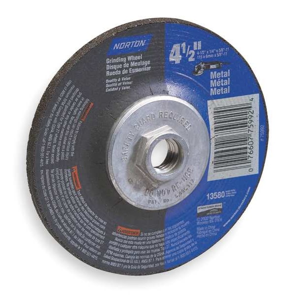 Ruedas de centro deprimido Norton Abrasivos, Tipo 27, 9 pulgadas de diámetro, 0.25 pulgadas de grosor, tamaño de orificio de arbor de 5/8"-11, Óxido de aluminio - 07660775938
