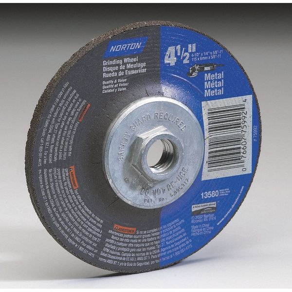 Ruedas de centro deprimido Norton Abrasivos, Tipo 27, 9 pulgadas de diámetro, 0.25 pulgadas de grosor, tamaño de orificio de arbor de 5/8"-11, Óxido de aluminio - 07660775938