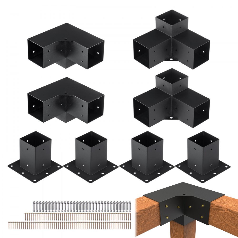 VEVOR Pergola Bracket Kit 4''x4'', 8pcs 3-Way Heavy Duty Corner Bracket Woodworks DIY Post Base Kit, Easy Installation Wooden Beams for Gazebos, Patio Pergolas, Log Cabin Outdoor Pergola Hardware - LPJJTZST8PCSB815IV0
