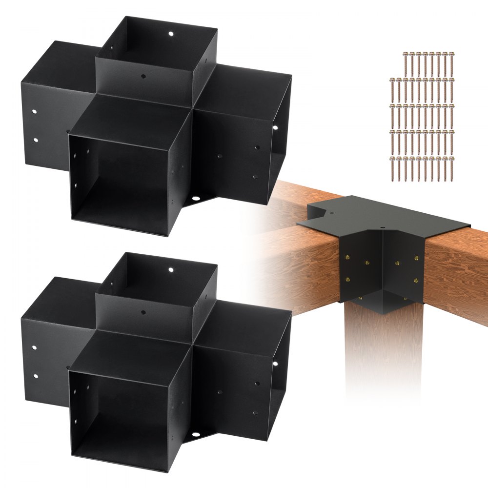 VEVOR Pergola Bracket Kit 6''x6'', 2pcs 4-Way Heavy Duty Corner Bracket Woodworks DIY Post Base Kit, Easy Installation Wooden Beams for Gazebos, Patio Pergolas, Log Cabin Outdoor Pergola Hardware - LPJJST2PCS6X19RDFV0